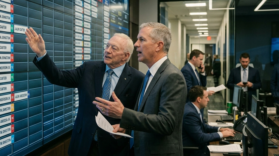 Two men in suits discussing NFL draft picks on a large digital Dallas Cowboys draft board.