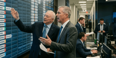 Two men in suits discussing NFL draft picks on a large digital Dallas Cowboys draft board.